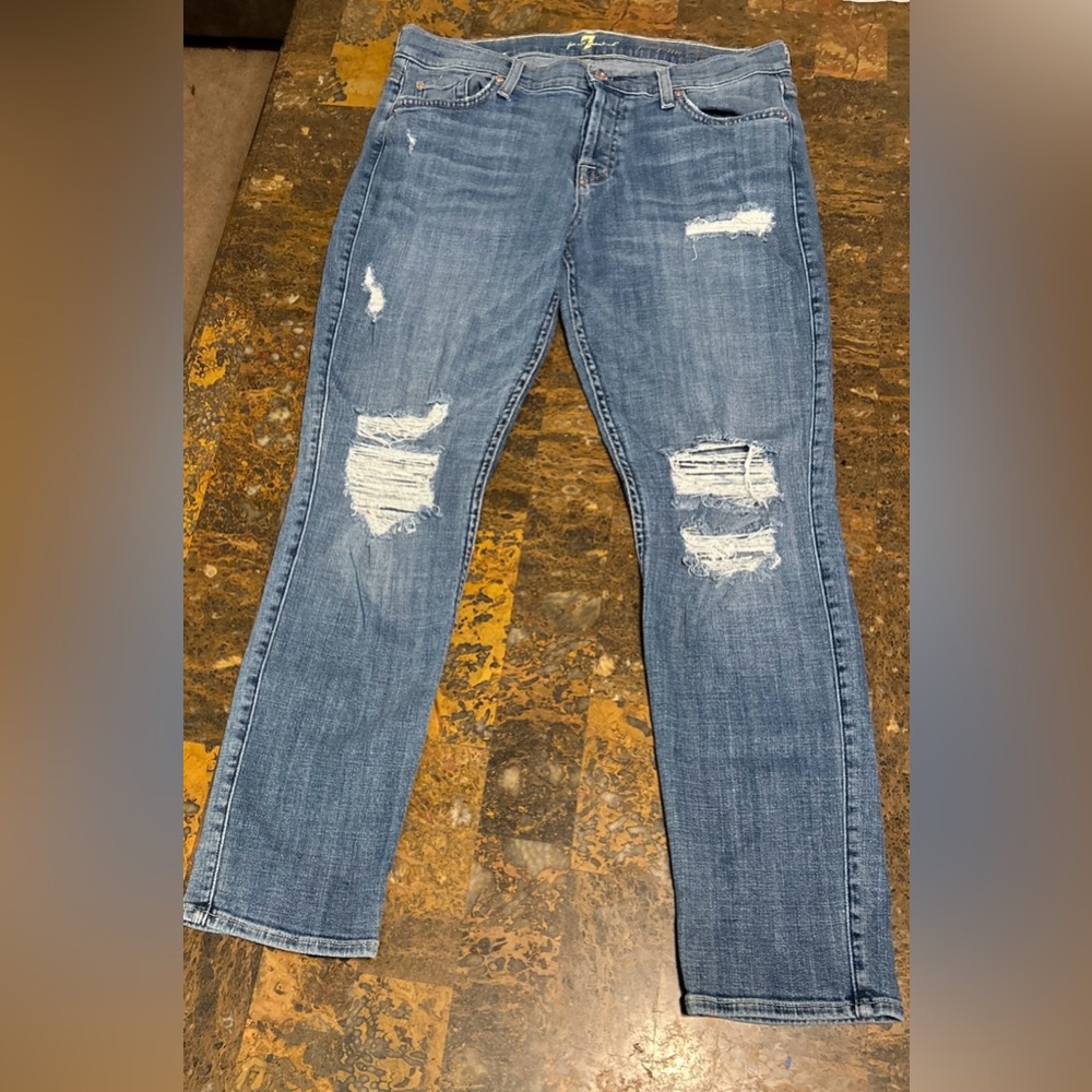 7 For All Mankind Josefina Sz 30 Distressed Skinny Boyfriend Jeans Button Fly